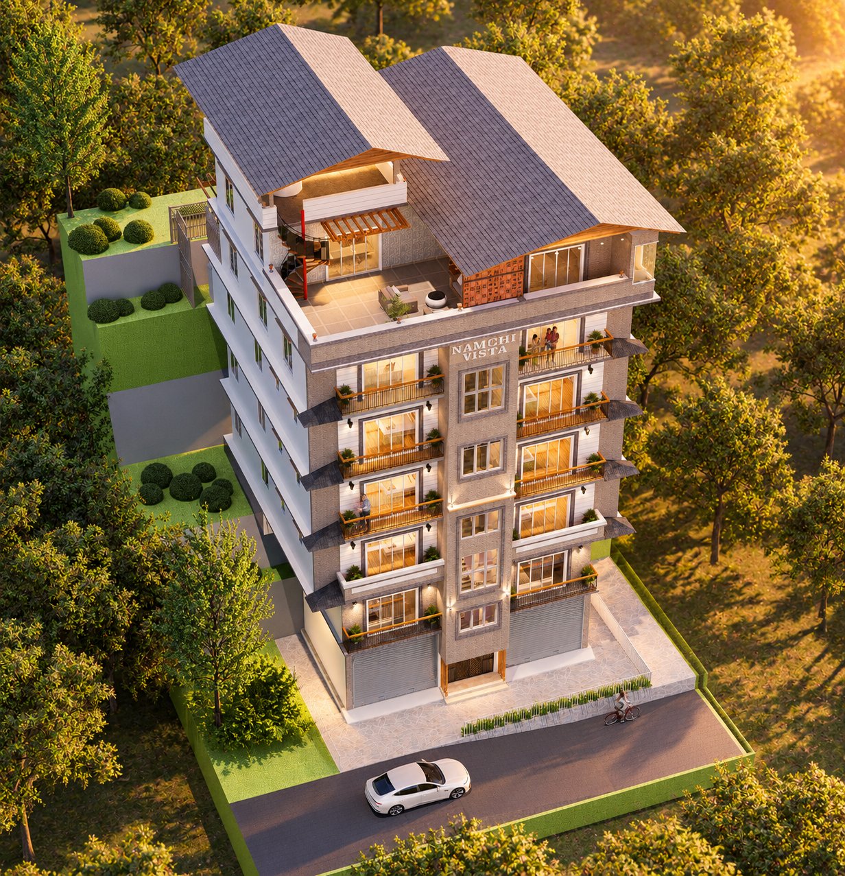 Aerial architectural impression of Namchi Vista among green hills