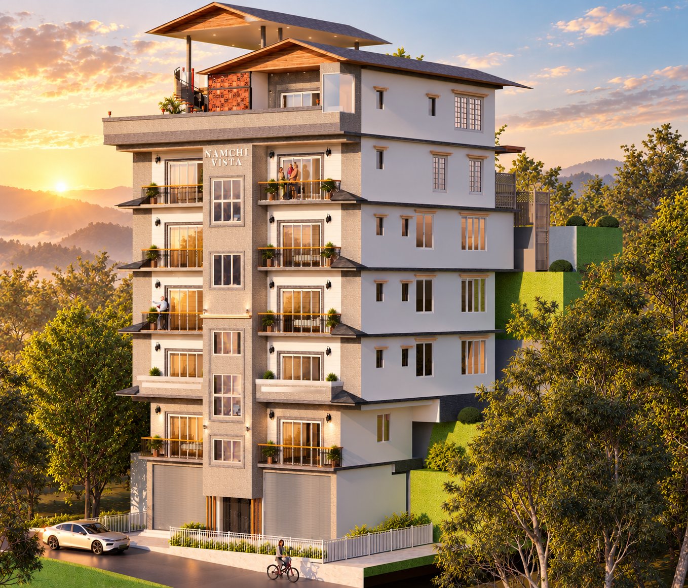 Golden-hour architectural impression of Namchi Vista Apartments